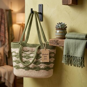 May include: A crochet tote bag featuring a scalloped wave pattern in olive green and cream yarn. The bag has two long handles and a rectangular brown paper tag attached with string that displays the text Handmade With Love in black script.