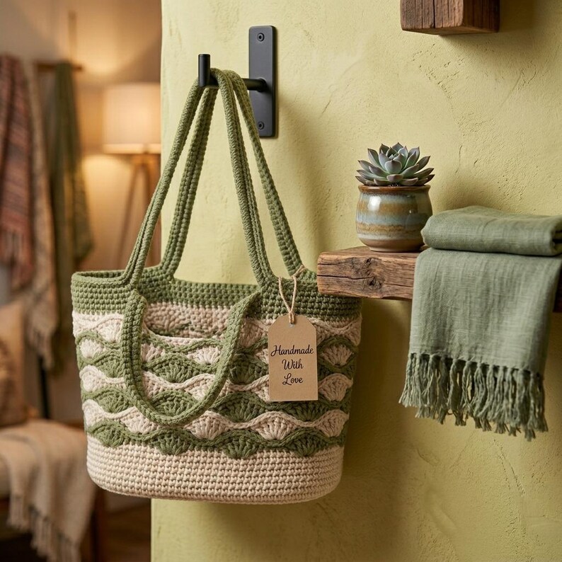 May include: A crochet tote bag featuring a scalloped wave pattern in olive green and cream yarn. The bag has two long handles and a rectangular brown paper tag attached with string that displays the text Handmade With Love in black script.