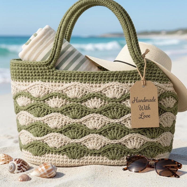 May include: A crochet tote bag featuring alternating olive green and cream wavy shell patterns. The bag contains a striped towel and a straw hat. A brown paper tag attached to the handle displays the text Handmade With Love in black script.