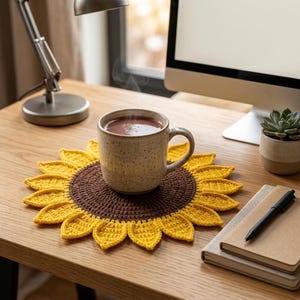 Sunflower Mug Rug, Flower Mug Mat Pattern,  Crochet Sunflower Coaster, Handmade Mug Rug,