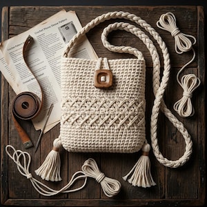 May include: A cream-coloured crochet bag featuring a braided shoulder strap, a square wooden button closure, and two tassels at the bottom corners. The bag displays a textured crossed weave pattern and is accompanied by a printed pattern sheet.