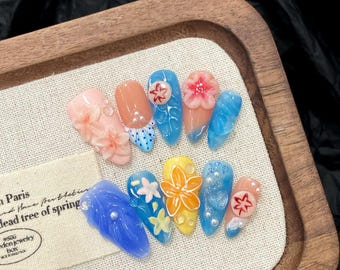 3D tropische pers op nagels set, handgemaakte amandel zomer lente nagels, strand zeeschelp nagels, nepnagels ontwerp, vakantie nagels, Hawaiiaanse nagels