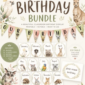 May include: A printable Australian native birthday bundle featuring watercolor illustrations of animals like a cockatoo, kangaroo, and koala. The set includes bunting with the text OUR BIRTHDAY, twelve month cards, and editable birthday labels.