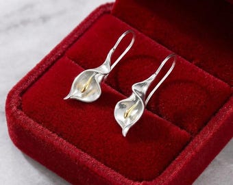 925 Silver Filled Floral Dangle Earrings Two Tone Gold Accent Earrings Gift For Her