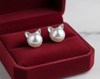 925 Silver Filled Pearl Cat Earrings Minimalist Stud Animal Design Jewelry Gift for Her