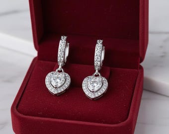 925 Sterling Silver Filled Heart Stone Hoop Drop Dangle Earrings Women Jewellery Gift, Hypoallergenic