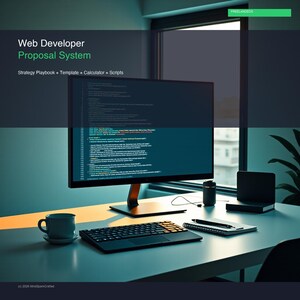 Könnte beinhalten: Ein Computermonitor zeigt Code mit dem Text Web Developer Proposal System Strategy Playbook + Template + Calculator + Scripts. Eine Tastatur, eine Tasse, ein Notizbuch mit Stift und ein kleines schwarzes Objekt stehen auf einem Schreibtisch.