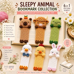 May include: A 6-in-1 crochet pattern bundle titled Sleepy Animal Bookmark Collection featuring six handmade bookmarks: a capybara, highland cow, frog, goose, chicken, and bunny. The PDF guide includes step-by-step instructions for these designs.