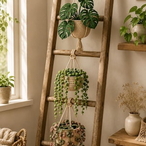 May include: A rustic wooden ladder displaying three crocheted hanging planters. The top planter holds a green monstera leaf plant, the middle holds a string of pearls plant, and the bottom holds a trailing plant with small pink and green leaves.