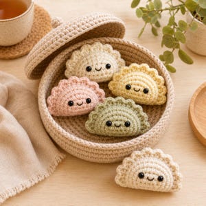 Virkmönster för dumplings med ångkorg i PDF-format, Gyoza Amigurumi Matplysch-handledning, Kawaii Köksdekor DIY