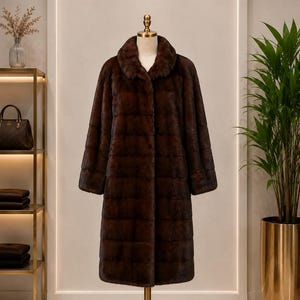 May include: A long, dark brown fur coat featuring a wide collar, long sleeves, and a horizontal panel construction. The coat is displayed on a mannequin stand, showcasing a dense, textured pile and a straight, knee-length silhouette with a front closure.
