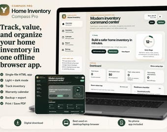 Home Inventory Tracker Browser App, Printable PDF Workbook, Warranty Calendar, Offline Household Organizer, Insurance Readiness
