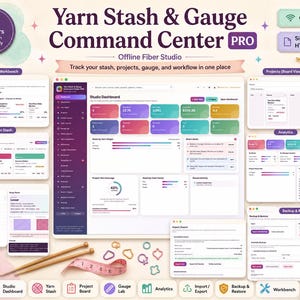 May include: A digital Yarn Stash & Gauge Command Center PRO software interface displayed on multiple screens. The dashboard features sections for workbench, projects, analytics, and backup, with text labels including Studio Dashboard and Offline Fiber Studio.