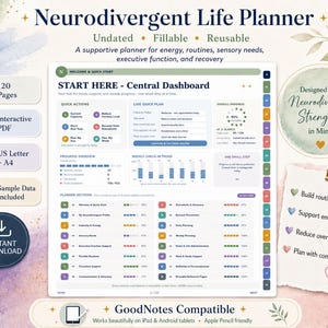 May include: A digital Neurodivergent Life Planner featuring a central dashboard with quick actions, progress trackers, and weekly check-in charts. The interface includes labelled sections for energy, routines, and sensory needs, with a sidebar for navigation and compatibility notes for tablets and stylus use.