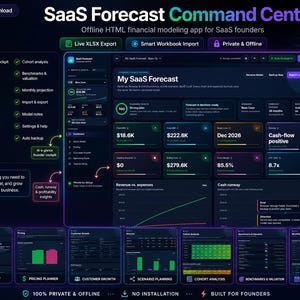 May include: A dark-themed SaaS Forecast Command Center dashboard interface featuring financial modeling tools, data charts, and metrics. The layout includes sections for revenue, expenses, cash runway, and cohort analysis with a deep blue and black color scheme.