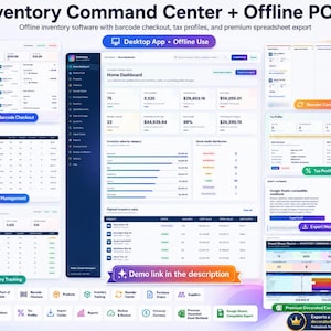 May include: Inventory Command Center and Offline POS software interface displaying a home dashboard with financial metrics, inventory value charts, stock health distribution, product management tables, tax profiles, and export workspace options.
