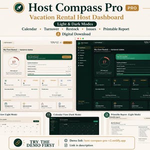 Puede incluir: Panel de control de alquiler vacacional Host Compass Pro en descarga digital con modos claro y oscuro. Incluye vistas de calendario, rotación, reabastecimiento, problemas e informes imprimibles. La interfaz muestra datos de My First Rental con estado de rotación, métricas y botones de acción rápida.