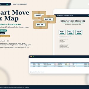 Kit per l'inventario degli scatoloni da trasloco, etichette stampabili per il trasloco, etichette per scatole con codice QR, strumento di monitoraggio dell'imballaggio, file Excel e Google Sheets.