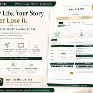 May include: A digital Storyline life story and memory app dashboard displayed on a screen. The interface features a calendar, category progress bars, and memory trackers in dark green and gold. Includes text: Your Life. Your Story. Never Lose It.