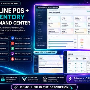 May include: A digital interface for an offline POS and inventory command center. The display features a home dashboard with data metrics, a point of sale screen, and a transfers module. Text includes Offline POS + Inventory Command Center.