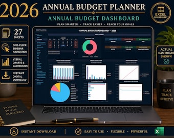 2026 Annual Budget Planner Excel Spreadsheet, Budget Dashboard, Expense Tracker, Savings Tracker, Bill & Finance Template