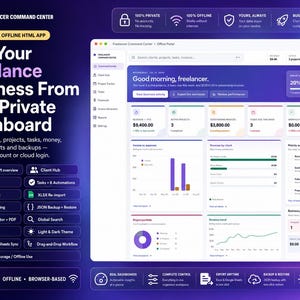 May include: A digital interface for the Freelancer Command Center, an all-in-one offline HTML app. The dashboard displays project tracking, financial metrics, and client management tools in a purple-themed layout with charts and data tables.