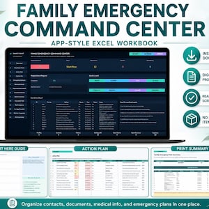May include: A digital Family Emergency Command Center app-style Excel workbook displayed on a laptop screen, featuring a dark interface with tabs for contacts, medical info, and emergency plans, alongside three smaller views of the spreadsheet.