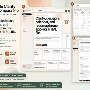 May include: Life Clarity Compass Pro interactive browser app interface displayed in a single HTML file. The dashboard features a clean layout with sections for clarity, decisions, calendar, and roadmap. Includes dark and light modes, backup and restore, and a decision tool. The design is minimalist with a neutral colour palette.