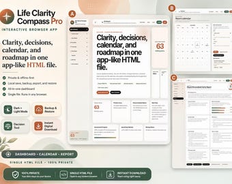 Life Clarity Compass Pro HTML App, Interactive Digital Life Planner, Self Care Planner, Decision Tool, Calendar, Report
