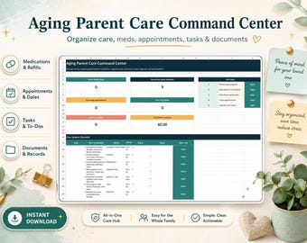 Caregiver Planner & Medication Tracker, Elder Care Organizer, Aging Parent Medical Binder, Caregiving Log, Printable + Google Sheets