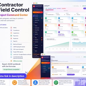 Pode incluir: Uma interface digital para o Contractor Field Control, um centro de comando de projetos offline. O ecrã mostra um painel com indicadores de desempenho, gráficos e ferramentas de gestão de tarefas, juntamente com um ecrã de cópia de segurança e exportação. Inclui compatibilidade com Excel e Google Sheets.