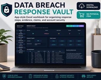Data Breach Response Vault Excel Template | Breach Notice Tracker, Credit Freeze Log, Fraud Alert, Evidence & Claims Organizer
