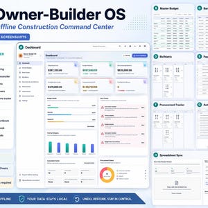 Könnte beinhalten: Owner-Builder OS Software-Oberfläche mit einem Dashboard für Finanzkennzahlen, Budgetverfolgung und Projektmanagement-Tools. Das Layout umfasst Bereiche für das Gesamtbudget, Bankabhebungen, Angebotsmatrizen und Beschaffungs-Tracking.
