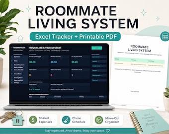 Roommate Living System Excel Tracker + Printable PDF, Shared Expense Tracker, Rent Bills, Chore Schedule, House Rules