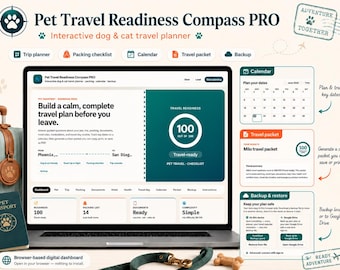 Pet Travel Planner, Dog & Cat Trip Readiness Checklist  Organizer, Interactive Travel Tool, Packing List, Vet Records, Calendar