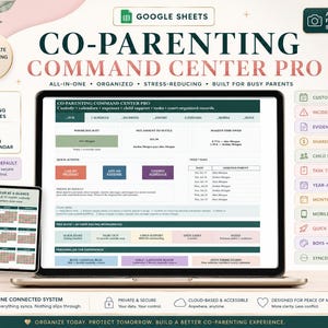 Pode incluir: Um painel digital Co-Parenting Command Center Pro exibido na tela de um laptop, com seções para custódia, calendários, despesas e pensão alimentícia. Dois telefones celulares mostram visualizações sincronizadas com 26 áreas de trabalho.
