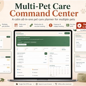 May include: A digital Multi-Pet Care Command Center planner displayed on a laptop screen. The interface features sections for pet profiles, daily care tasks, medication and vaccine tracking, and expense logs with a clean, organized layout.
