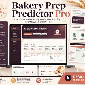 May include: A digital software interface titled Bakery Prep Predictor Pro displayed on a laptop screen, featuring data dashboards for bakery forecasting, production planning, inventory management, and export tools with various menu icons and text.