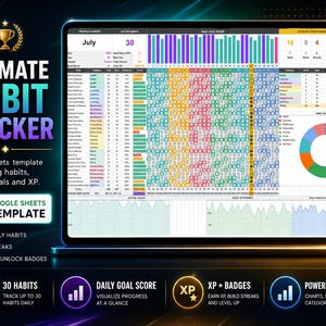 May include: A digital Ultimate Habit Tracker Google Sheets template displayed on a screen, featuring a colourful habit tracking grid, a circular pie chart, performance metrics, and text labels for tracking daily habits, streaks, goals, and XP.