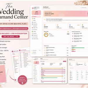 May include: A digital wedding planning dashboard interface featuring a main overview screen, budget tracker, and guest list. The layout includes text labels such as The Wedding Command Center, Jordan & Taylor, and various planning categories like vendor manager, checklist, and seating chart.