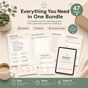 Puede incluir: Un paquete de planificador de mudanza de 47 páginas, imprimible y digital, que incluye una página de bienvenida, hoja de comparación de apartamentos, lista de verificación de primera noche, presupuesto mensual, contactos importantes y plan de mudanza en tableta.