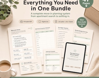 New Apartment Checklist Planner, Move-In Budget, Apartment Checklist and Moving Planner