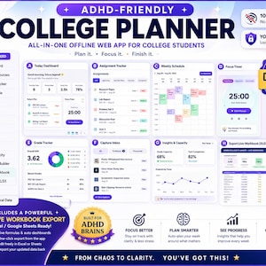 Peut inclure: Une interface d'application web de planification universitaire adaptée au TDAH comprenant un tableau de bord, un suivi des devoirs, un emploi du temps, un minuteur, un suivi des notes, une boîte de réception et des exports Excel.