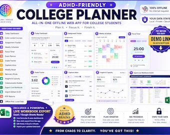 May include: An ADHD-friendly college planner web app interface featuring a dashboard, assignment tracker, weekly schedule, focus timer, grade tracker, capture inbox, insights, and Excel export. The layout includes purple and white UI elements.