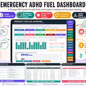 May include: Emergency ADHD Fuel Dashboard digital planner system. Includes a 30-page fillable PDF for meal tracking, safe food database, and low-spoon planning. Features a central dashboard interface with data charts, quick-access tabs, and meal bank templates for organized nutritional support and energy management.