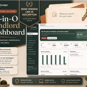 May include: A digital landlord dashboard interface titled HearthLedger, featuring a dark green and white color scheme. The screen displays property portfolio metrics, income versus expenses bar charts, and maintenance alerts. Includes a house icon.