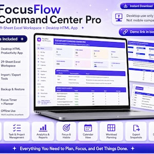 May include: A laptop displaying the FocusFlow Command Center Pro interface, featuring a 29-sheet Excel workspace and desktop HTML app. The screen shows project metrics, task lists, and health snapshots. Includes icons for dashboard, analytics, and planning.
