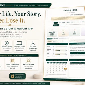 May include: A digital download for the Storyline offline life story and memory app. The interface features a dashboard with a calendar, category progress bars, and dream targets. Text includes Your Life. Your Story. Never Lose It. and included PDF guide.