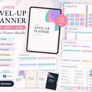 Op de afbeelding: Een digitale plannerbundel genaamd LIFEOS LEVEL-UP PLANNER voor 2026, 2027 en 2028. De set bevat een tablet met de planner-cover, diverse paginasjablonen zoals een command center, kalender, geldoverzicht en AI-planning hub, inclusief digitale stickers.