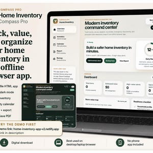May include: A digital home inventory software interface displayed on a laptop screen and a smaller tablet screen. The interface features a dashboard with sections for tracking items, values, warranties, and reports, presented in a clean, modern layout.